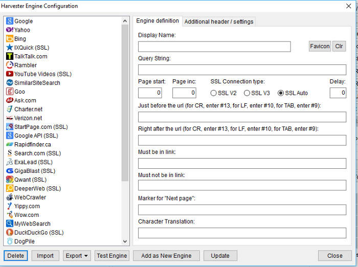 Immagine dell'Harvester Engine Configuration di ScrapeBox