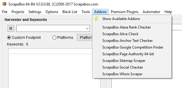 Immagine del menu Addons di ScrapeBox