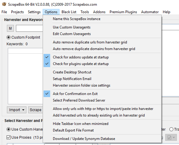 Immagine del Menu Options di ScrapeBox