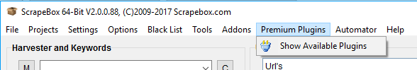 Immagine del menu Premium Plugins di ScrapeBox