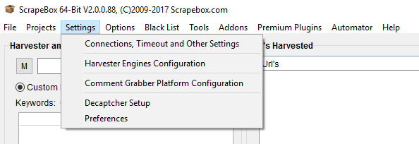 Immagine del menu Settings di ScrapeBox
