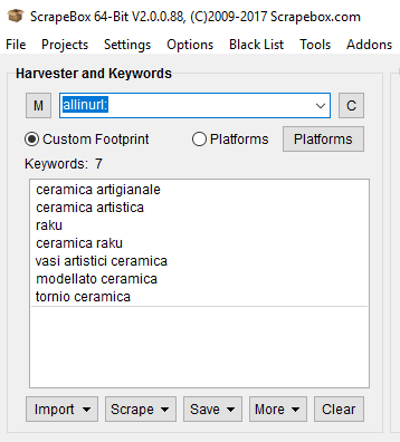 Immagine delle impostazione Footprints di ScrapeBox con operatore avanzato allinurl