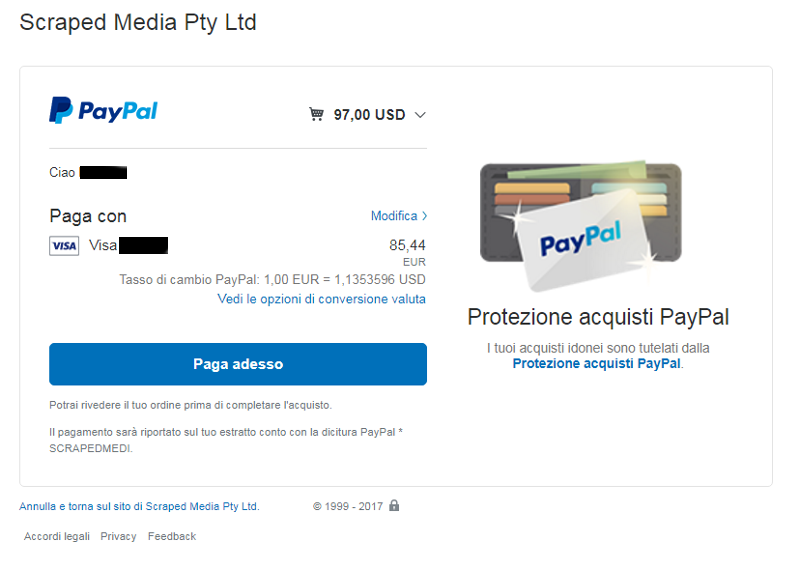 Immagine della pagina di conferma acquisto di PayPal