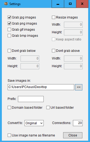 Immagine della sezione Settings di Grab links by crawling a site