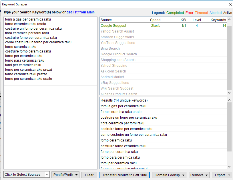 Immagine dei risultati ottenuti con il pulsante Transfer Results to Left Side