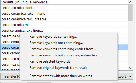 Immagine della sezione delle keywords scraper Remove