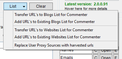 Immagine del pulsante List della sezione Url's Harvesting
