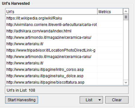 Immagine dello Start Harvesting con risultati nella sezione Url's Harvested