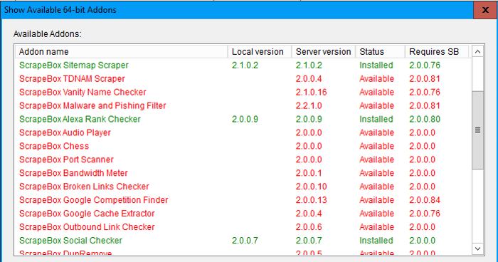 Immagine degli Addons d ScrapeBox disponibili